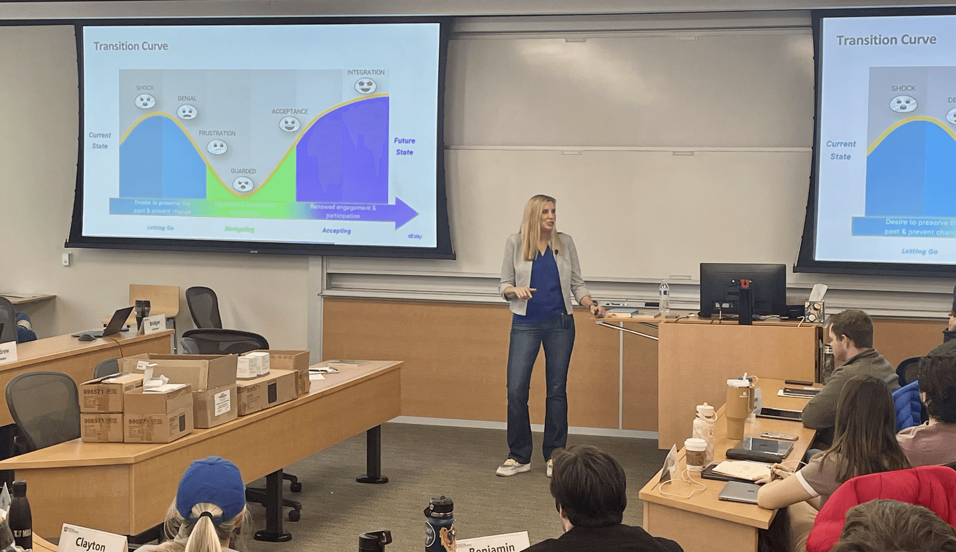Stephanie presenting the Transition Curve in a classroom session